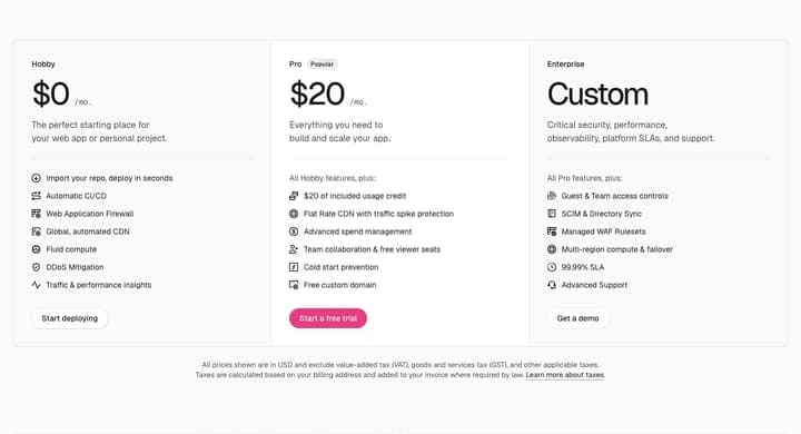 Vercel — Pricing tiers
